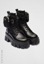 BLACK BRUSHED LEATHER NYLON BOOTS