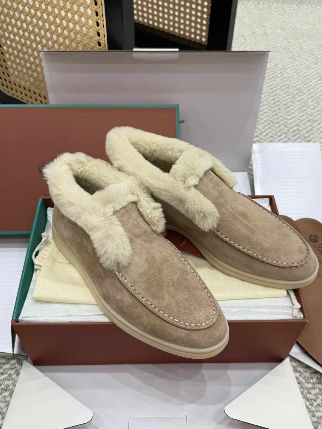 Open Walk Beige Suede Fur-Lined Loafers Open Walk Beige Suede Fur-Lined Loafers