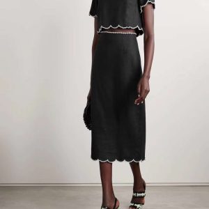 Crystal Embellished Scalloped Linen Crop Top