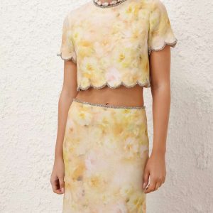 Crystal Embellished Scalloped Linen Crop Top