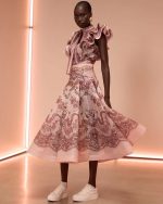 Locket Print Twist Front Belted Silk & Linen Organza Midi Dress