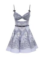 Locket Print Twist Front Belted Silk & Linen Organza Midi Dress