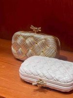 Bottega Veneta gold woven knot clutch in gift box with branded packaging