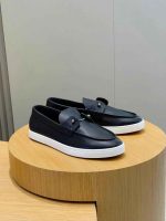 Navy blue luxury leather loafers for men with white rubber sole – modern slip-on shoes for casual and semi-formal wear