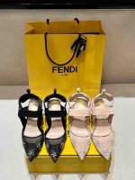 Fendi embellished pointed toe heels mesh heels in black and pink and crystal detailing on yellow packaging