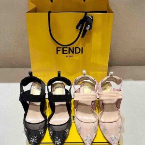 Fendi embellished pointed toe heels mesh heels in black and pink and crystal detailing on yellow packaging