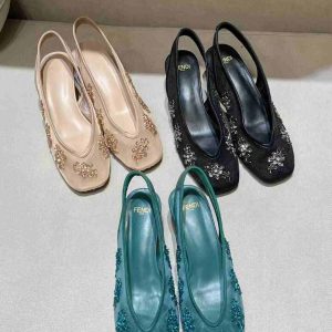 Fendi embellished mesh ballerina flats in nude, black, and teal with slingback design and floral crystal embroidery