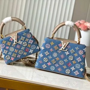 Embellished denim top handle bag with embroidery in two sizes