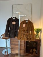 Camel Brown: Camel brown suede designer blazer for women, displayed indoors