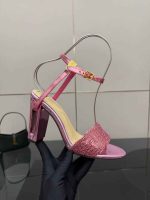 Fendi crystal-embellished high heel sandals in gold, silver, rainbow, pink, and champagne colors.