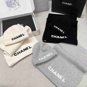 Chanel beanie and scarf set luxury winter accessories in black, white, and grey