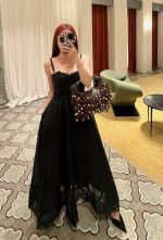Black Evening Outfit – Lace Dress, Sheer Blouse & Mermaid Skirt - Image 9