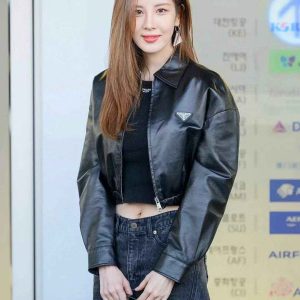 Prada black leather cropped jacket for women with logo