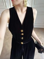 Elegant Black Velvet Jumpsuit with Gold Accents - Image 2