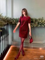 Luxury Wine Red Velvet Monogram Short Dress for Women | Elegant Party & Evening Wear
