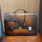 Vintage Script Leather Briefcase – Luxury Patina Business Laptop Bag