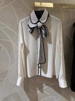 Elegant White Bow-Tie Blouse with Printed Scarf Collar – Chic Office & Party Wear