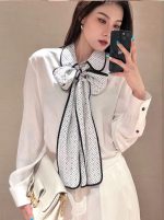 Elegant White Bow-Tie Blouse with Printed Scarf Collar – Chic Office & Party Wear - Image 2