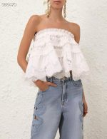 Boho Romance Strapless Lace Ruffle Top & Cutout Wide-Leg Denim Set