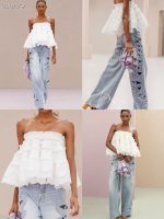 Boho Romance Strapless Lace Ruffle Top & Cutout Wide-Leg Denim Set - Image 2