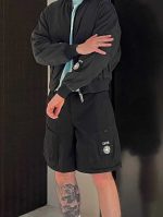 Men’s Luxury Grey Embellished Bomber Jacket & Cargo Shorts Co-Ord Set – Designer Streetwear Outfit