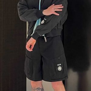 Men’s Luxury Grey Embellished Bomber Jacket & Cargo Shorts Co-Ord Set – Designer Streetwear Outfit