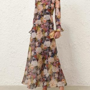 Elegant Floral Print Maxi Dress for Women – Long Sleeve Designer Evening & Party Dress