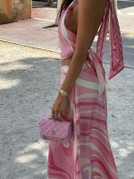 Pink Abstract Print Halter Maxi Dress for Women – Summer Vacation & Resort Wear - Image 4